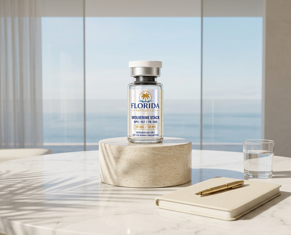 Florida Peptide Co. — editorial still life on travertine